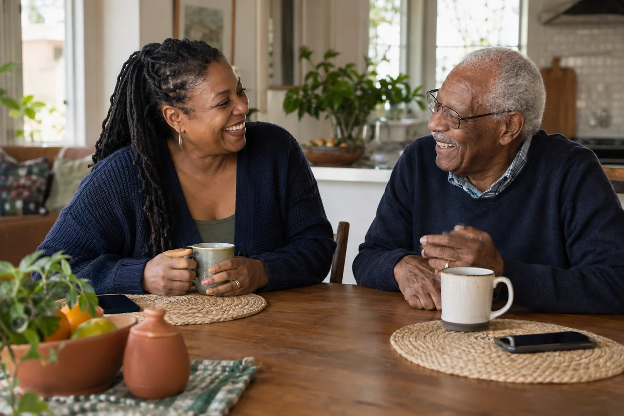 An adult daughter and her father enjoying a conversation at the kitchen table