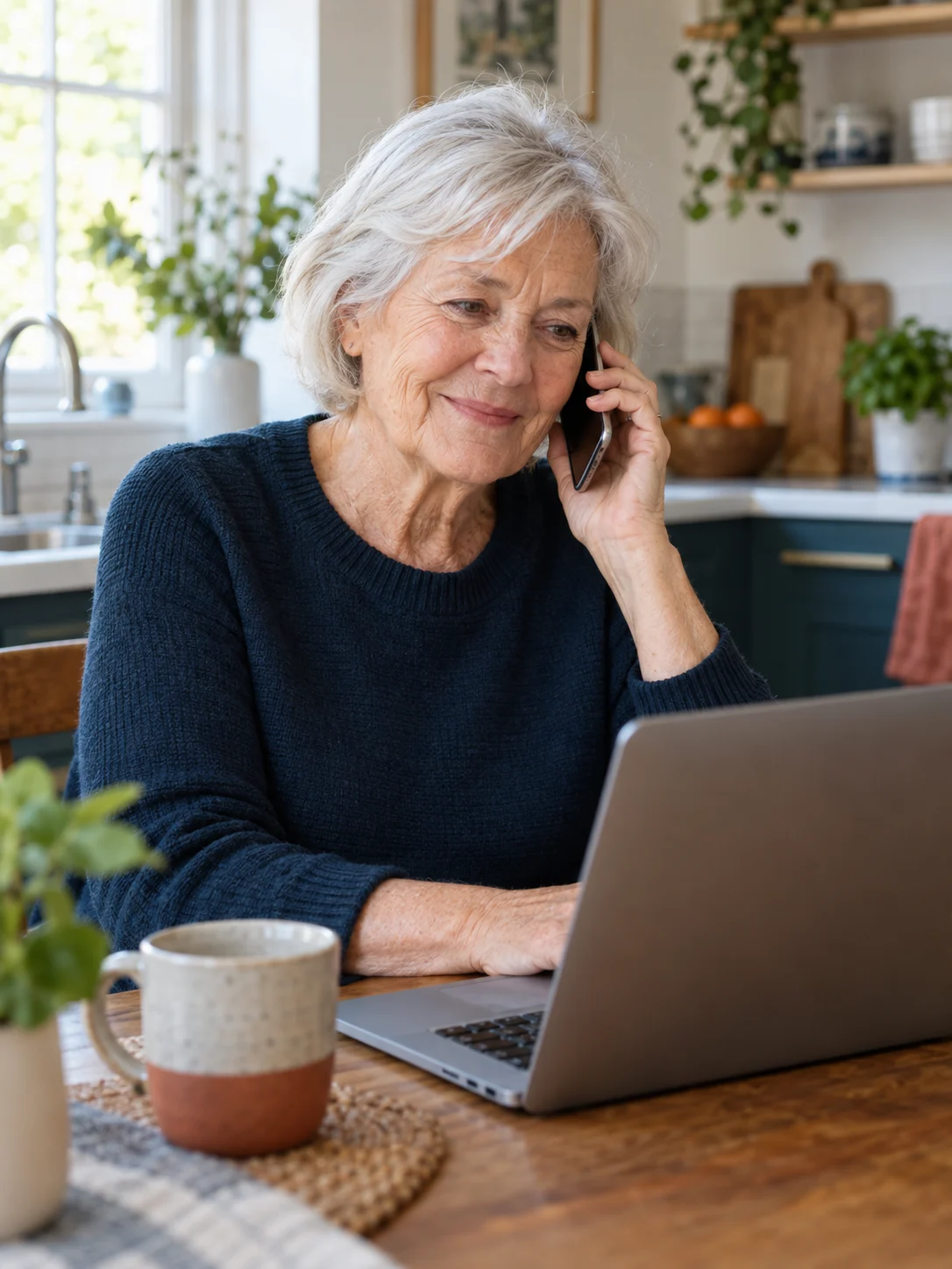 A woman talking on the phone beside her laptop at home